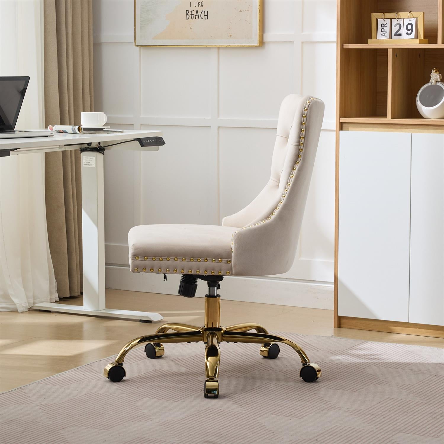 Demi Bonn 38" Tufted Button Velvet Upholstered Desk Chair with Adjustable Swivel, Metal Base for Home Office, Study, Beige