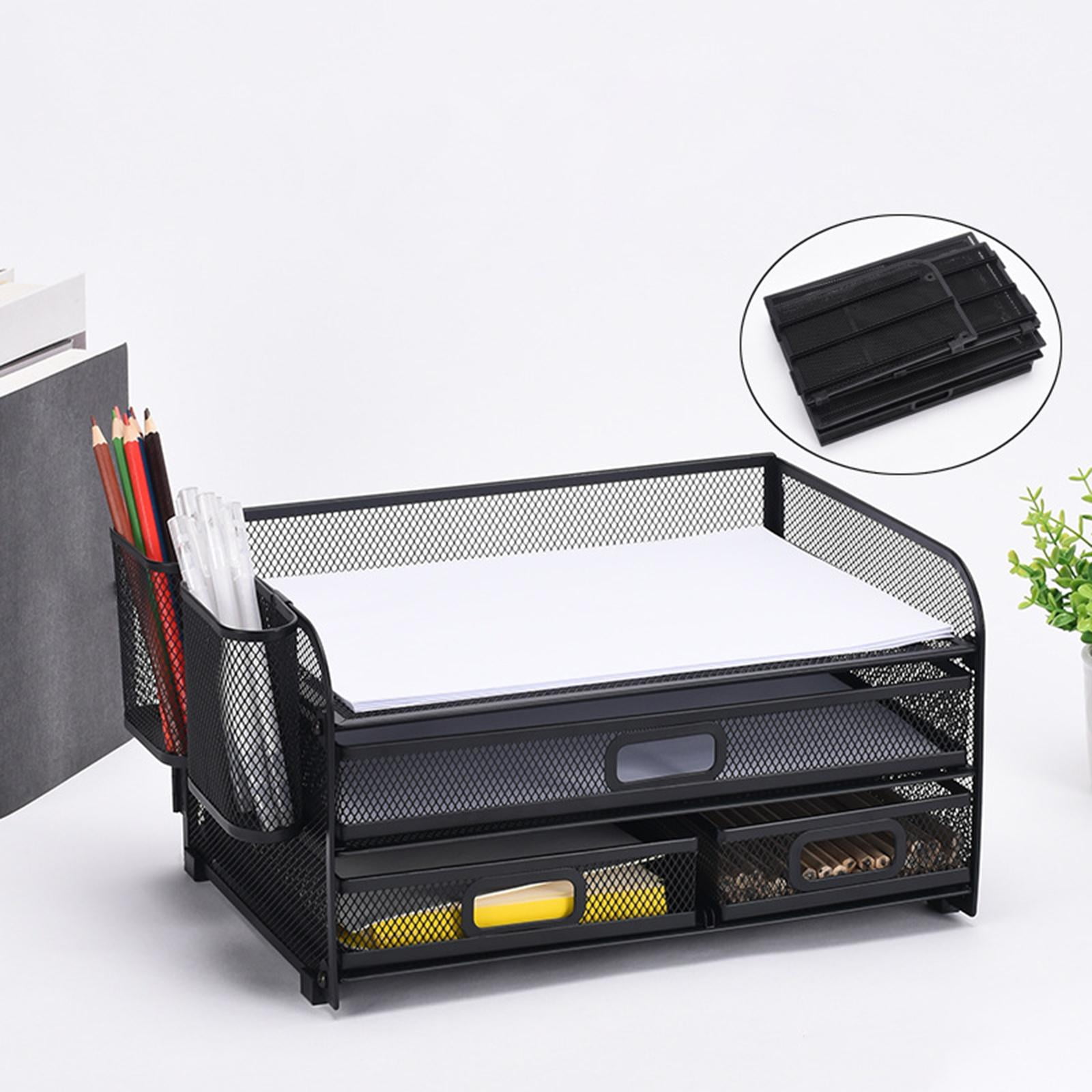 Desk Organizer File Holder Mesh Desktop File Sorter Organizer Office Accessories Organization Metal Folding Document File Tray Rack Desktop with Pencil Holders