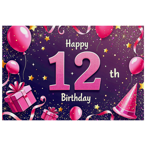 Pink Sparkling Happy 12th Birthday Banner with Balloons Gift Party Hat Background Backdrop Party Supplies Birthday Decoration Photography Props Decorations