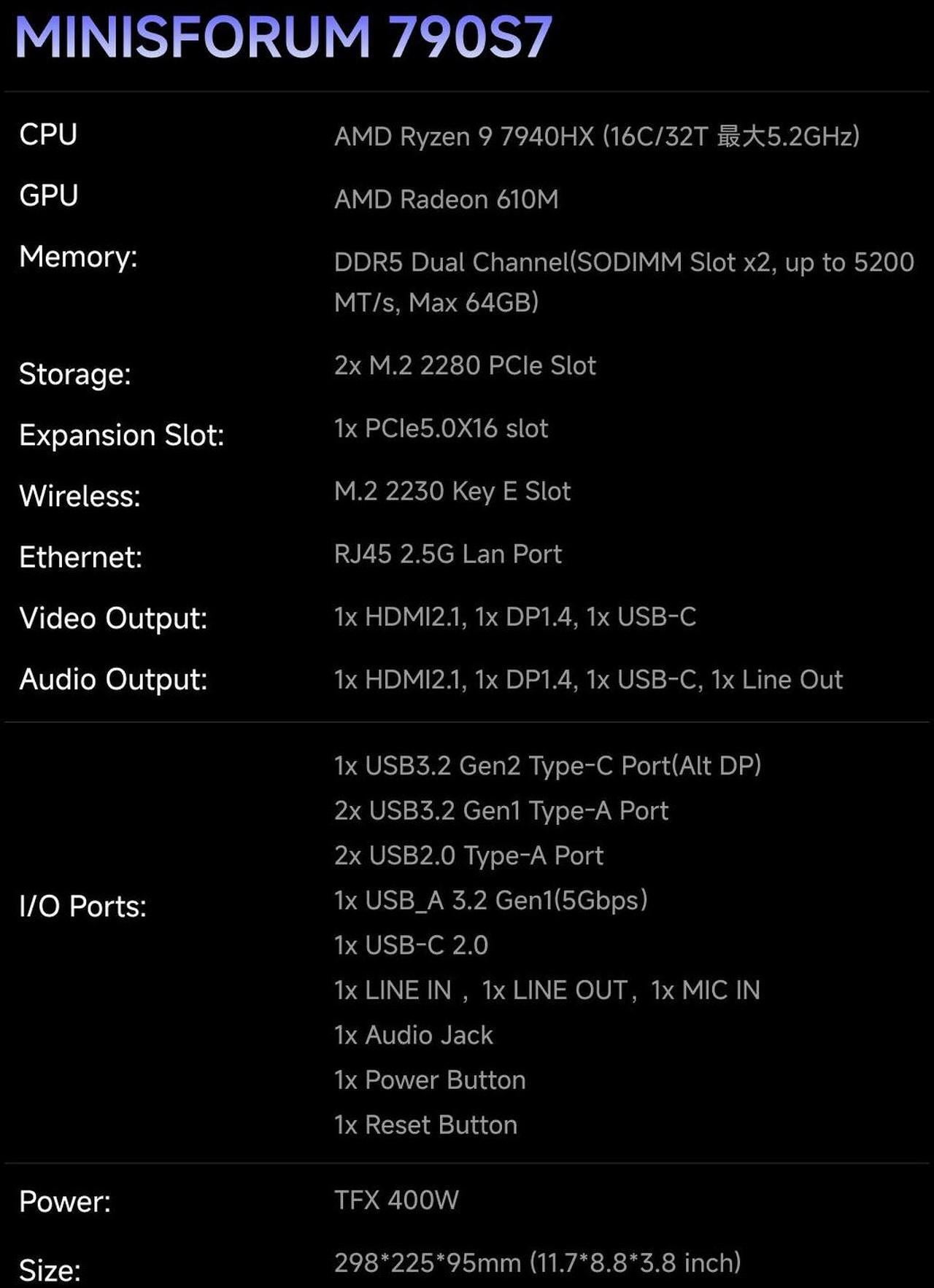 MINISFORUM 790S7 Mini Gaming PC AMD Ryzen9 7940HX Processor Barebone Computer Radeon 610M Graphics