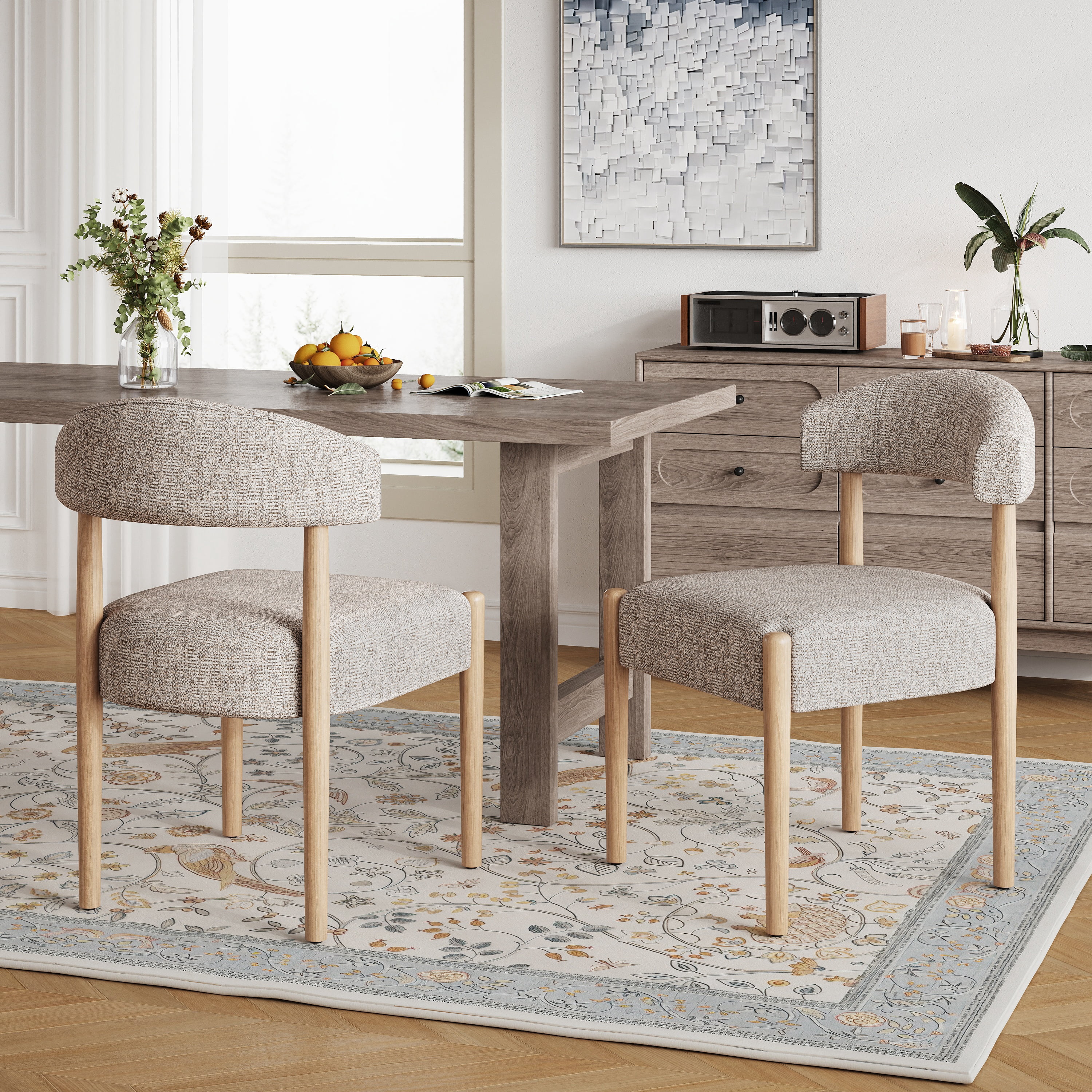 Vknow Furniture Minimalist Fabric Dining Chairs Set of 2 Solid Wood Legs Ergonomic Backrest for Dining Room Bedroom Study, Brown