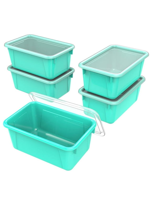 UooMi Small Cubby Bins  Plastic Storage Containers for Classroom with Non-Snap Lid, 12.2 x 7.8 x 5.1 inches, Teal, 5-Pack (62412U05C)