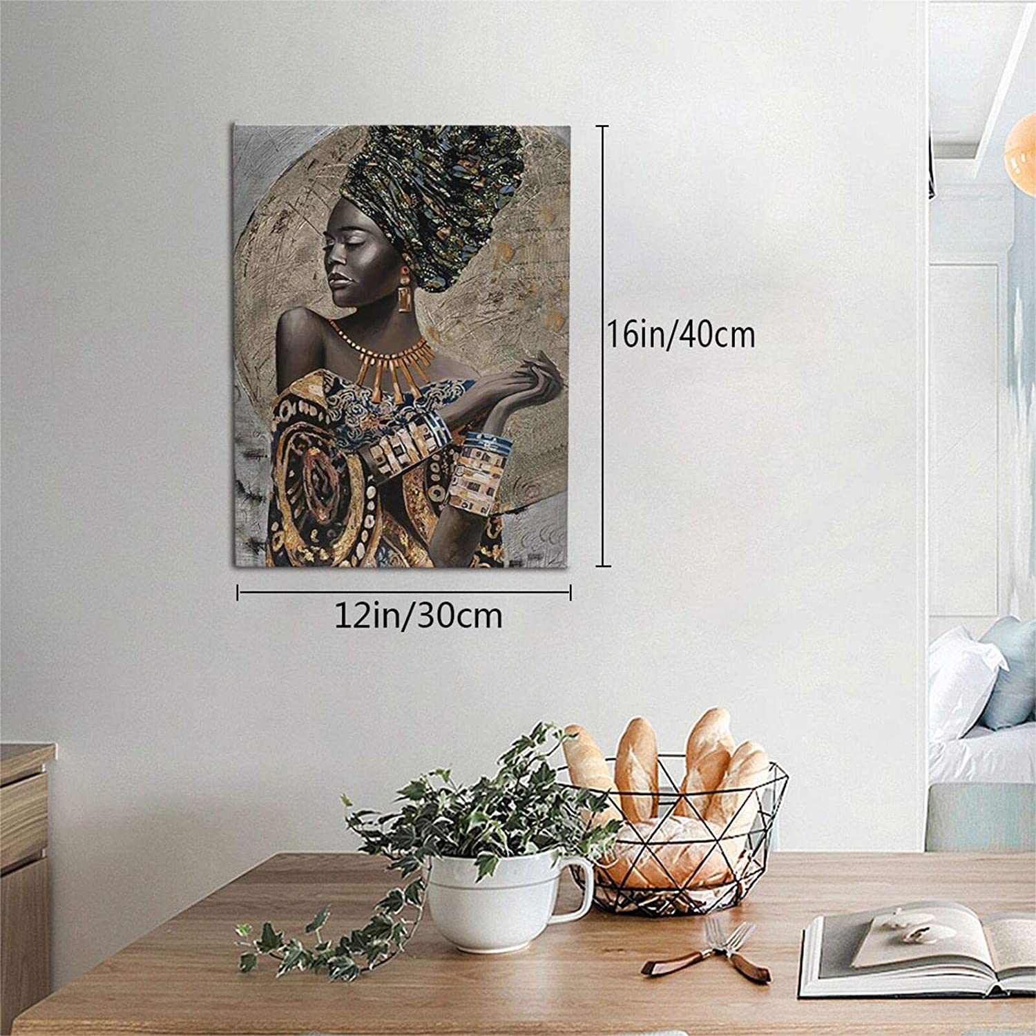 African American Wall Art, Canvas Painting Black And Golden Woman Portrait  Abstract Gold Earrings Necklace Poster Artwork Modern Home Decorations  Framed Ready To Hang For Living Room Bedroom12x16inch
