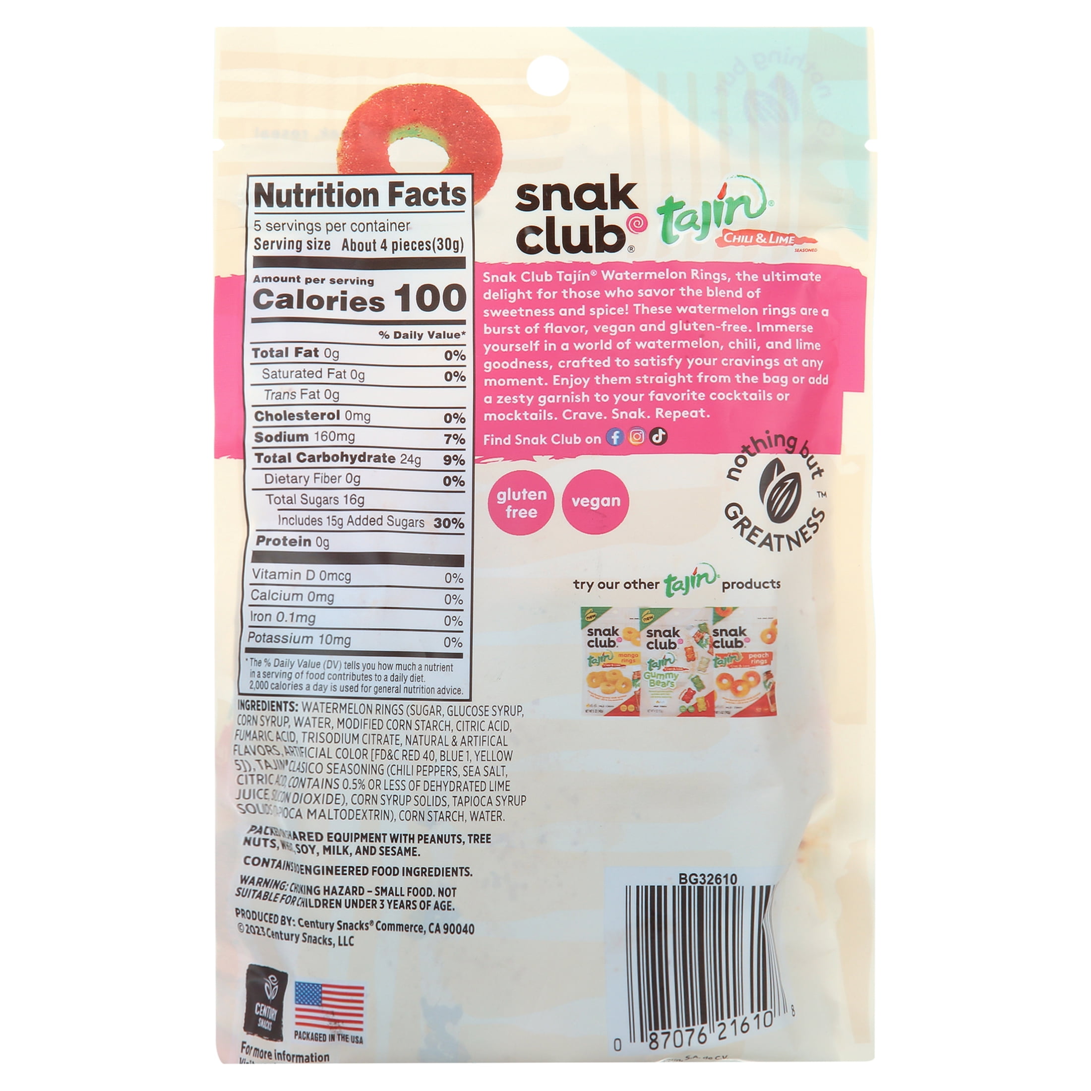 (3 pack) Snak Club Tajin Watermelon Gummy Rings