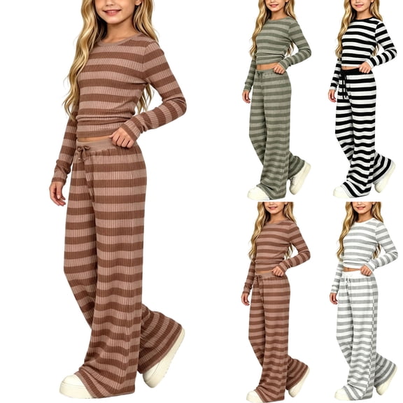 Kezqiaxn Girls 2 Piece Outfits Fall Fashion Striped Long Sleeve Crewneck Top and Wide-Leg Pants Lounge Matching Set Size 7-15