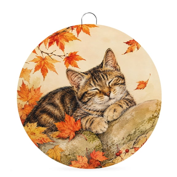 Welcome Sign for Front Door, Cat Thanksgiving Round Metal Wall Art Wreaths, Fall Maple Leaves Vintage Art Berry Outdoor Indoor Wall Hanging Sign for Porch Decor Housewarming Gifts 7.9 Inch
