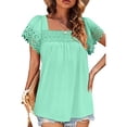 thumbnail image 1 of Blusa de manga corta con costuras de encaje, camiseta informal holgada de manga corta de color puro para mujer, verde claro XXL, 1 of 6