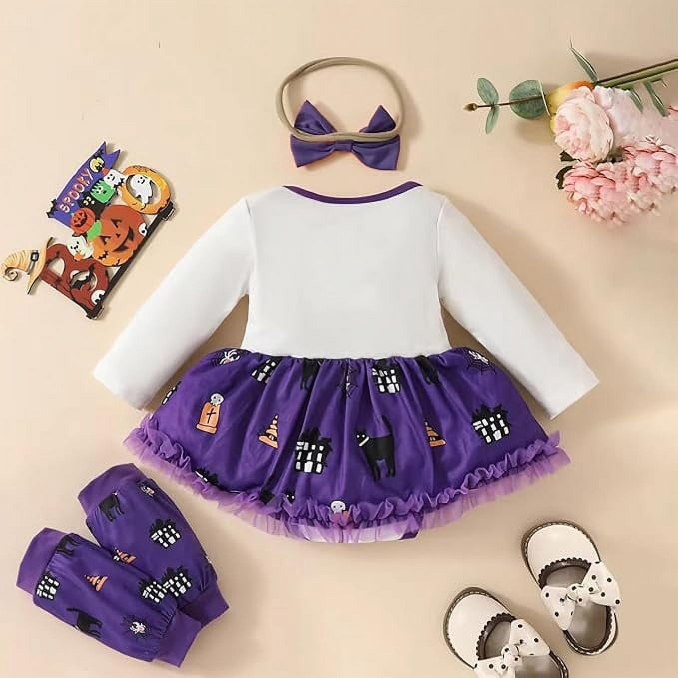 stylesilove Baby Girls My 1st Halloween White Spooky Long Sleeve Romper Dress with Purple Leg Warmers, and Bow Headband 4pcs Outfit (9 Months)