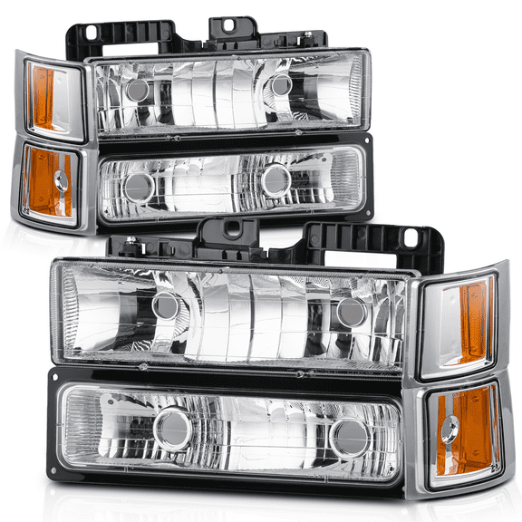 M-AUTO Left & Right Headlights Assembly for 1994-1999 Chevrolet C1500/K1500, 1994-1999 Chevrolet C1500/C2500/K1500/K2500 Suburban, Chrome Housing Clear Lens Amber Corner