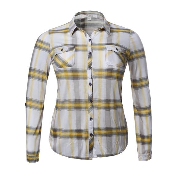 FashionOutfit Women's Lightweight Plaid Checker Button Down Shirt Roll Up Sleeves