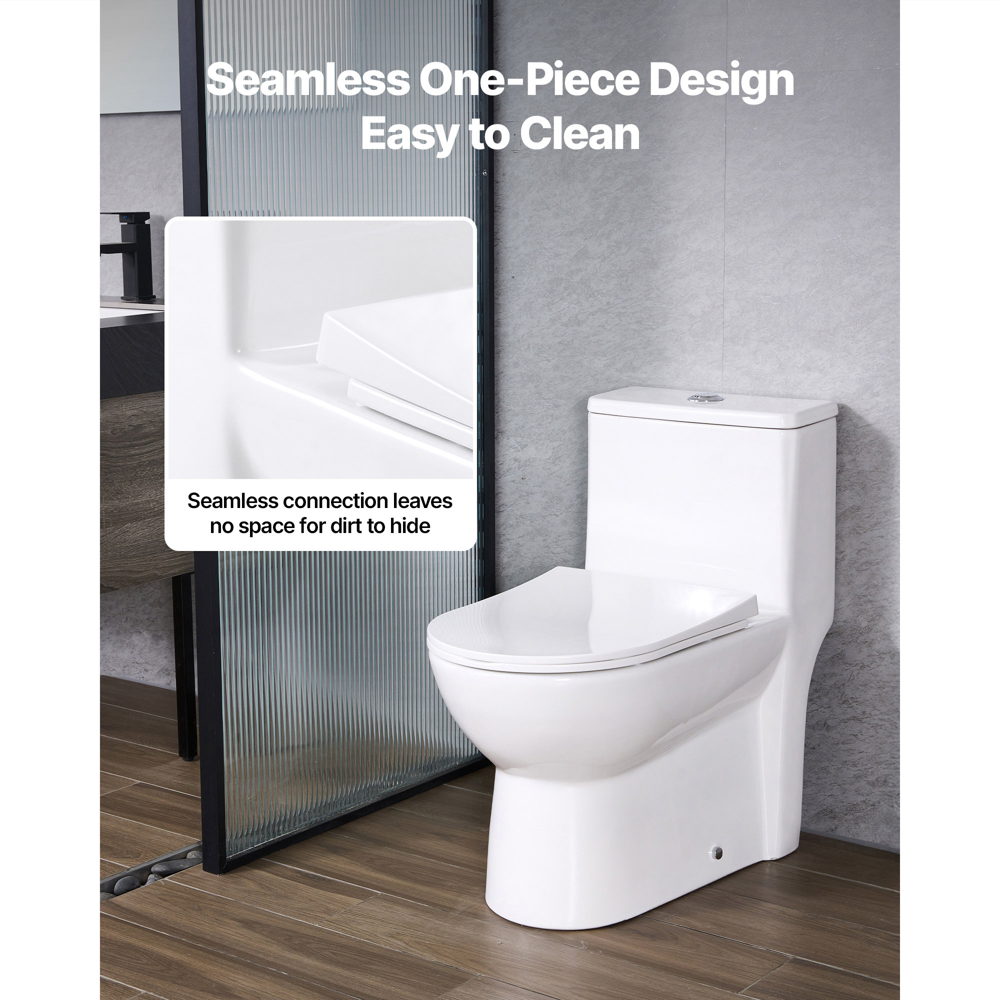 KFFKFF One-Piece Elongated Toilet with Dual-Flush 1.1/1.6 GPF, Bathroom Toilet with Comfortable Chair-Height Seat, Standard Height, Easy-to-Clean Skirted Design, 10-Inch Rough-In, White and Silver