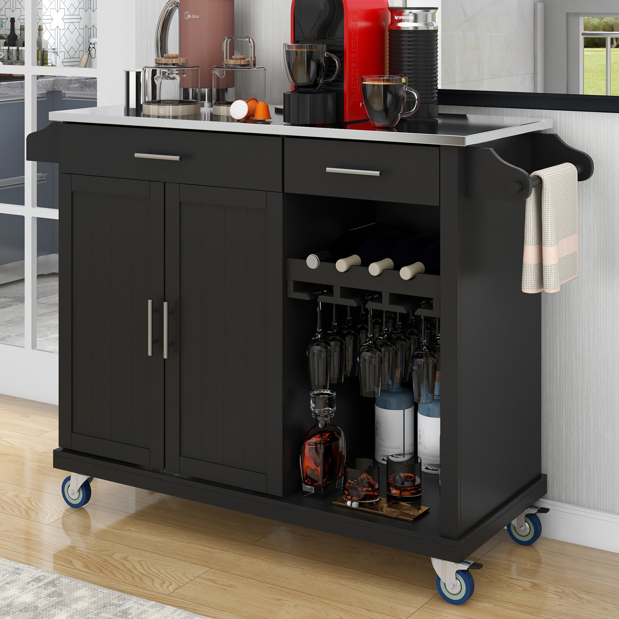 UWRNite Stainless Steel Mobile Kitchen Island with Storage, Rolling