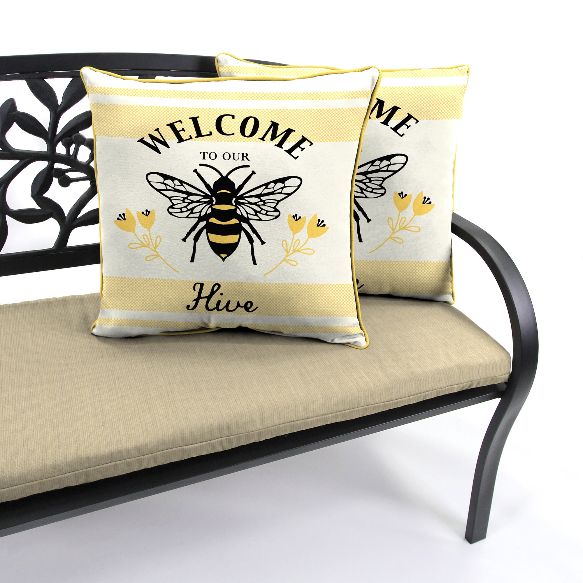 Jordan Manufacturing 16" x 16" Welcome to Our Hive Yellow and Multicolor Novelty Reversible Square Outdoor Throw Pillow with Welt