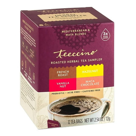 Teeccino Roasted Herbal Tea Sampler, 4 Flavors, Caffeine Free, 12 Tea Bags, Prebiotic for Natural Energy