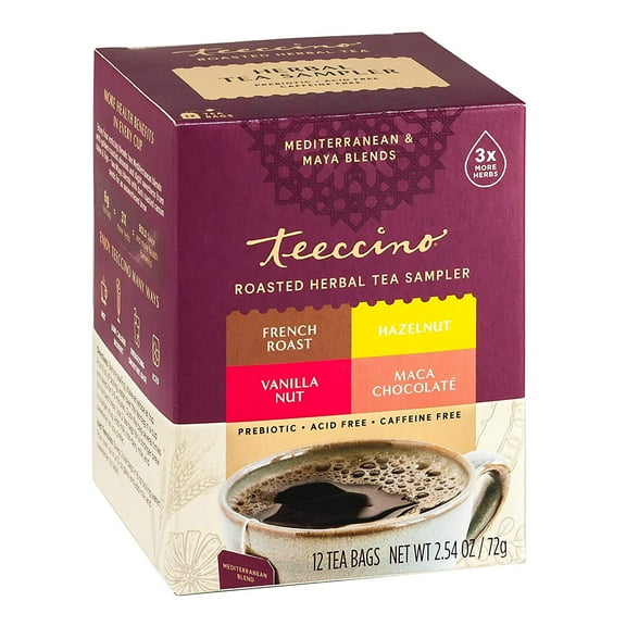 Teeccino Roasted Herbal Tea Sampler, 4 Flavors, Caffeine Free, 12 Tea Bags, Prebiotic for Natural Energy