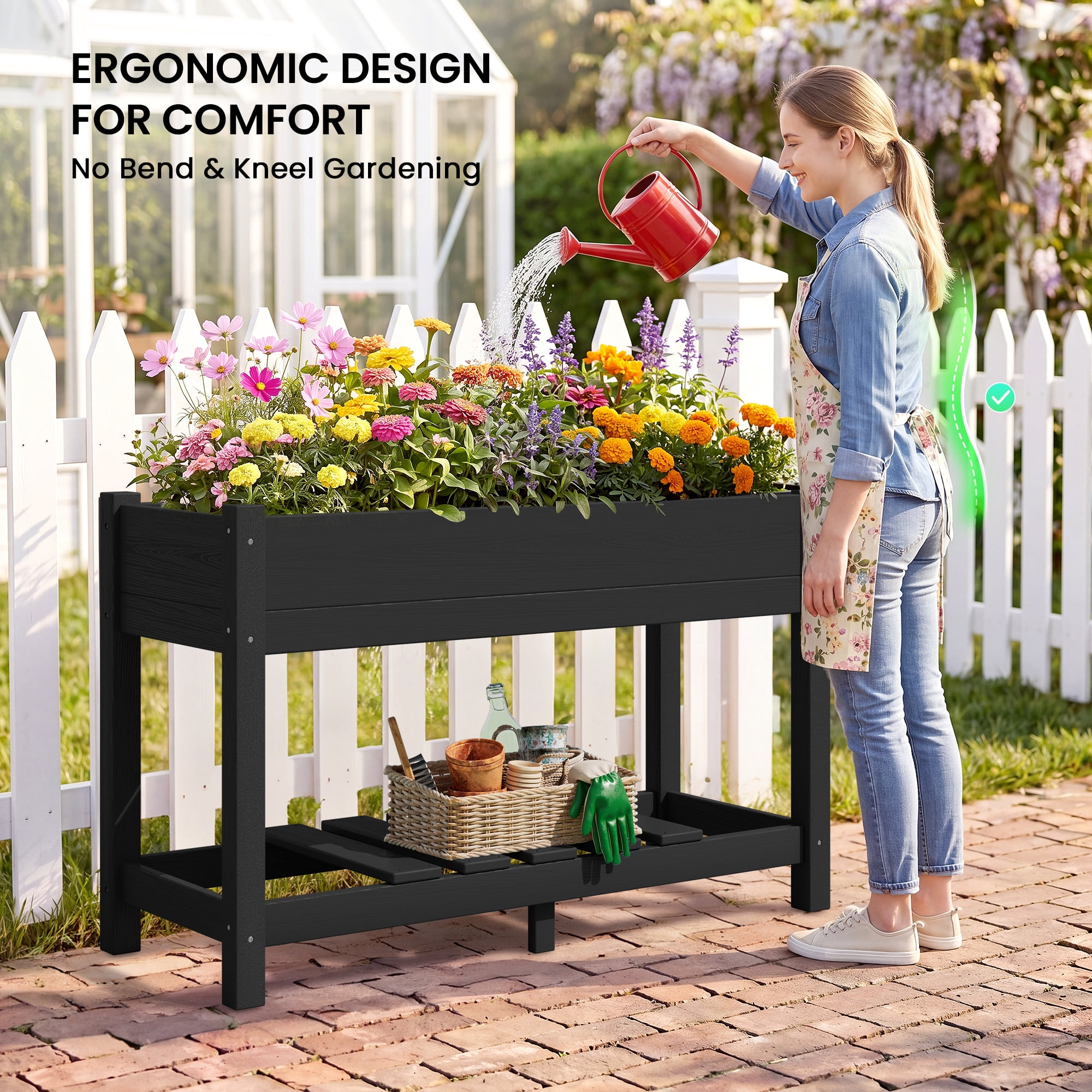 SERWALL HDPE Raised Garden Bed with Legs, 43"x16"x30" Elevated Planter Box, Outdoor Planter for Vegetables Flowers, 2-Piece, Black