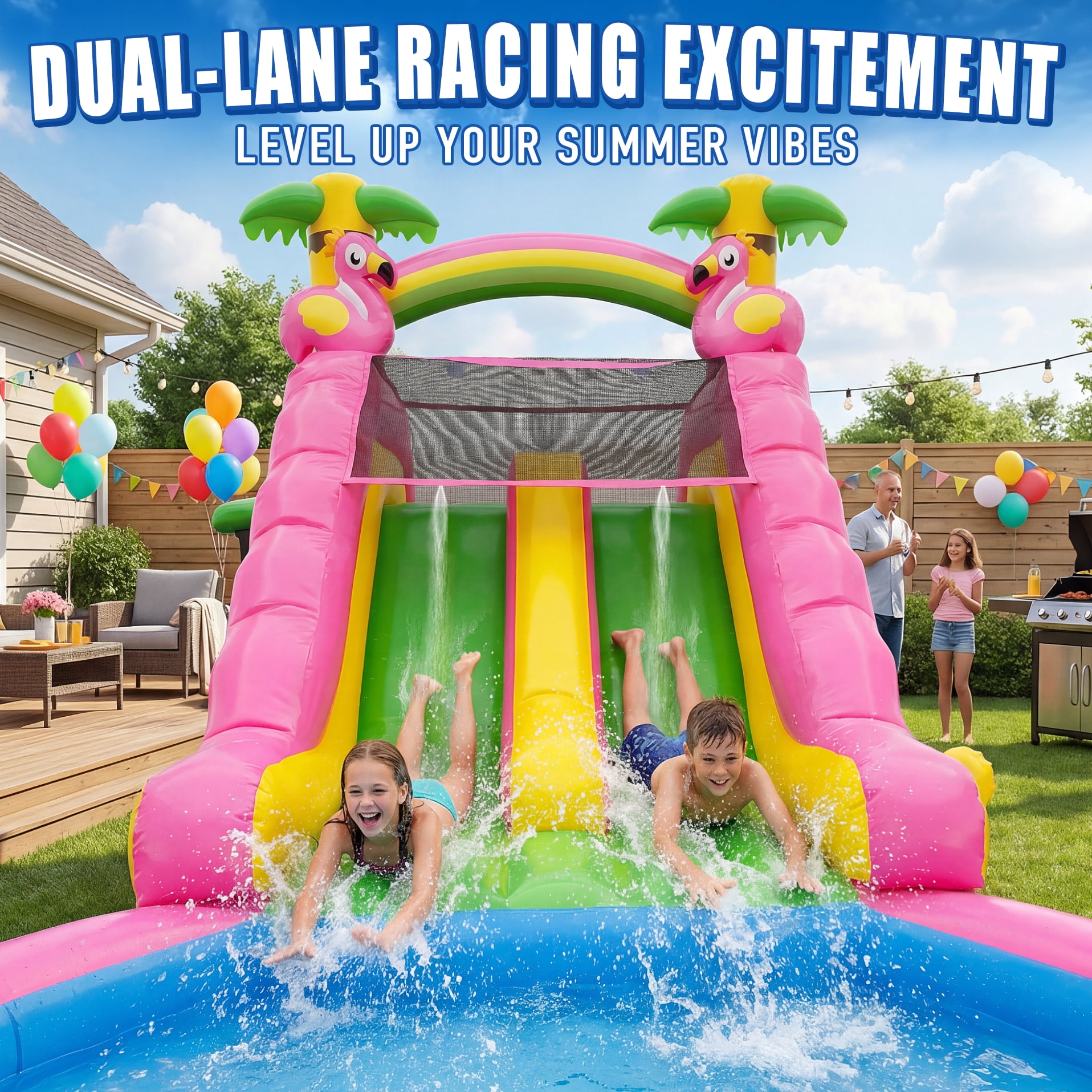 HEMOPOW 23FT Heavy-Duty Inflatable Water Slide for Backyard & Events, Flamingo Theme with Dual Slides, Splash Pool, 600lbs Capacity, Fast Setup for Teens/Adults
