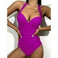 thumbnail image 3 of Efsteb Women's Swimsuit High Waist Halter V Neck Backless Bathing Suit Solid Color Monokini Swimwear (Purple,XL), 3 of 3