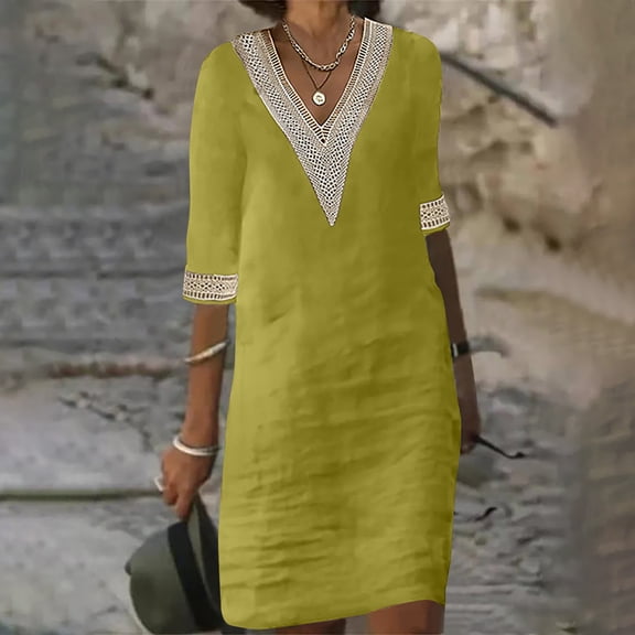 Chbgutlmr Cotton Linen Dress for Women Elbow Length Sleeve V Neck Shift Mini Dress Casual Loose Summer Breathable Dress