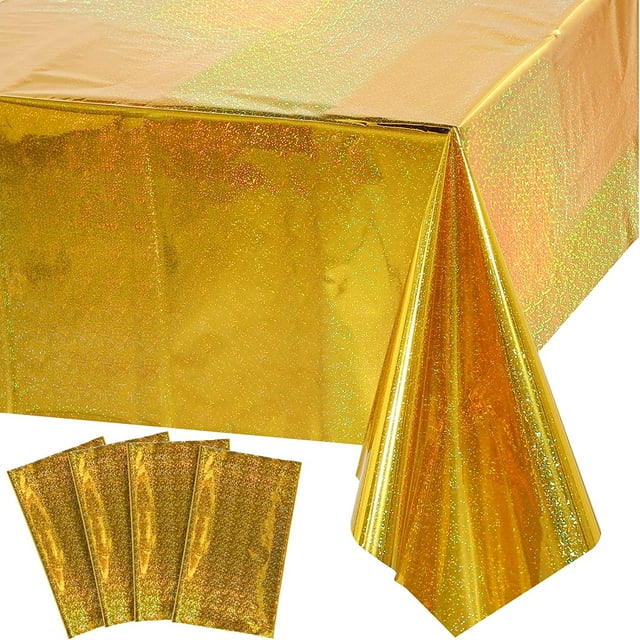 LAICAIW 4 Pack Iridescence Plastic Tablecloths Shiny Disposable Laser Rectangle Table Covers Holographic Foil Tablecloth Iridescent Party Decoration Birthday Bridal Wedding Christmas 54" x 108" (Gol