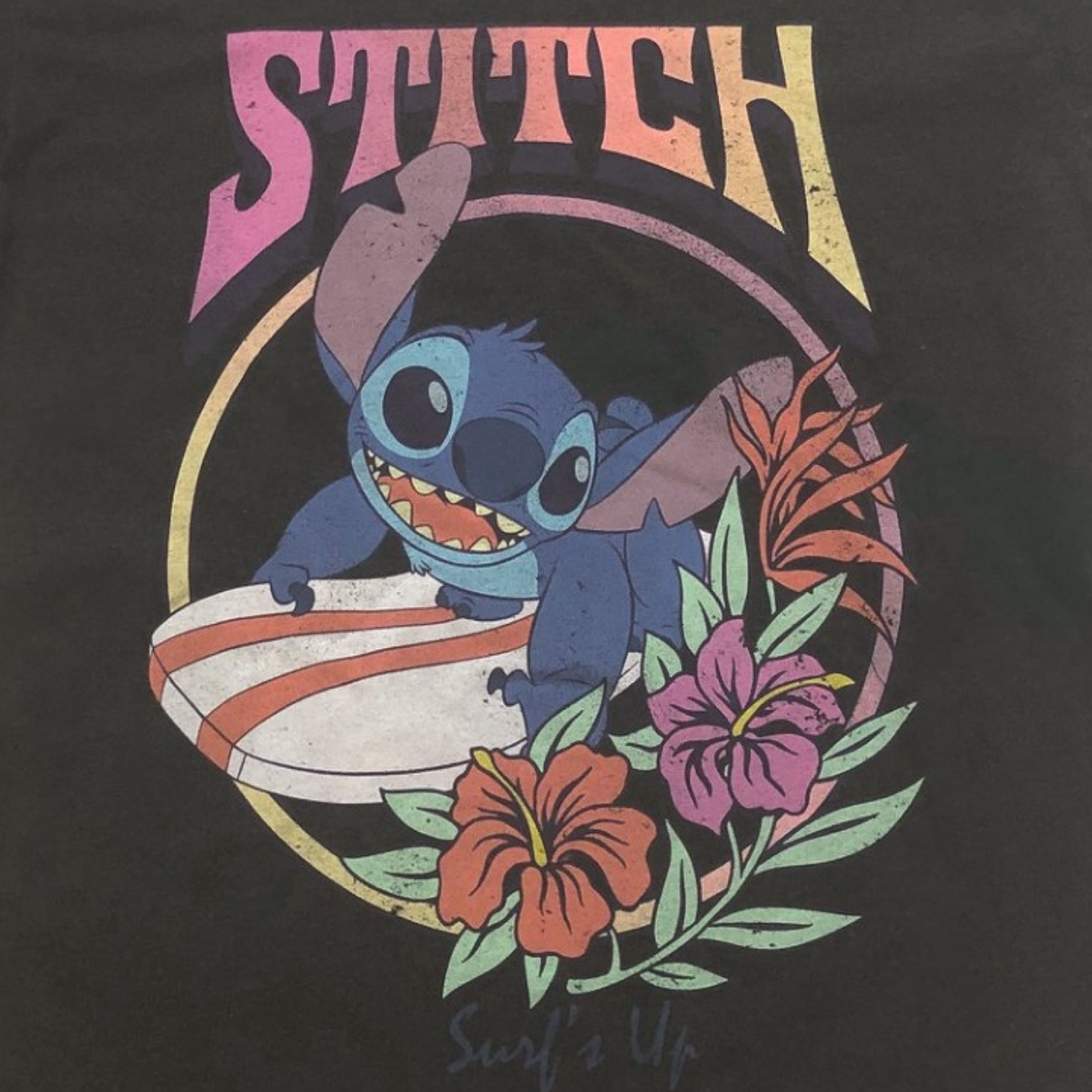 Disney Womens Jrs Black Floral Stitch Surfs Up T-Shirt Tee Shirt Large