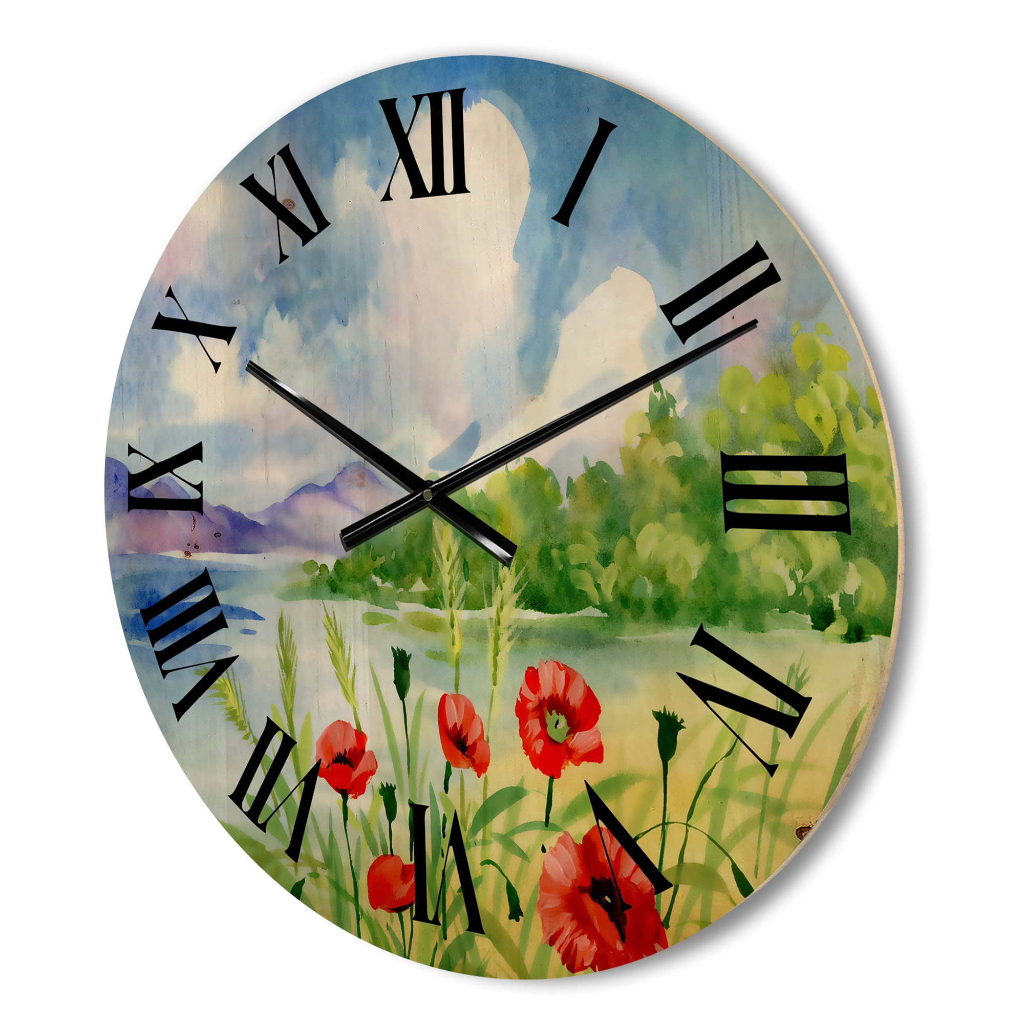 Designart 'Red Tulips On The Bank Near A River Mountain' Lake House Wood Wall Clock