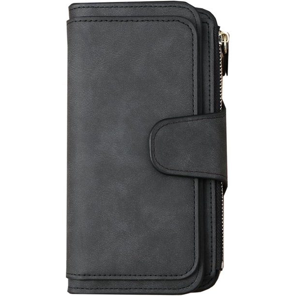 Cartera de cuero ultradelgada para mujer, billetera retro con ranuras para varias tarjetas, tarjetero plegable para mujer (negro)