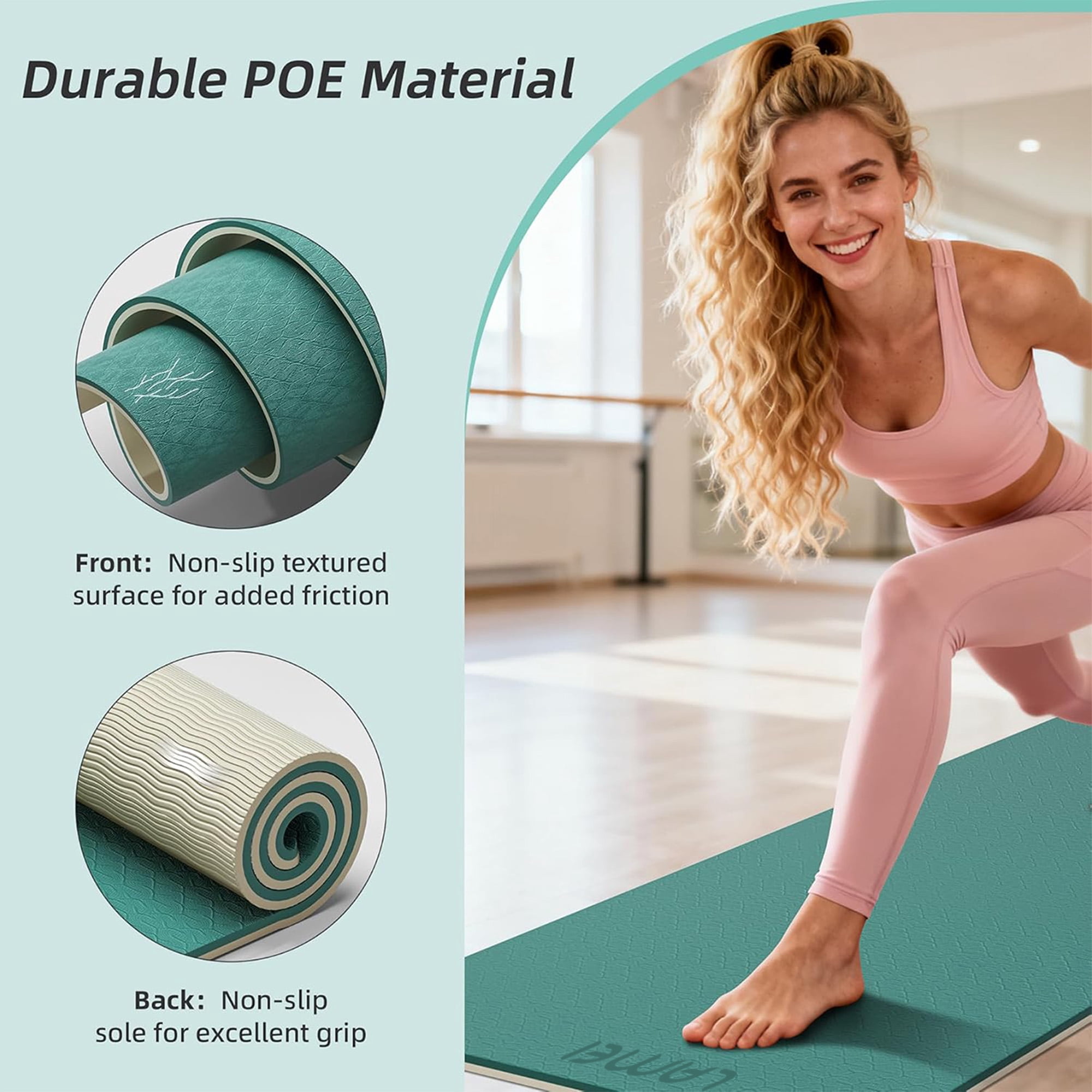 LAMEI Yoga Mat Thick 10mm, 31.5" Extra Wide for Men and Women, Non-Slip TPE Exercise Matt, Two Tone Fitness Mats with Straps for Carrying(Green+Beige)