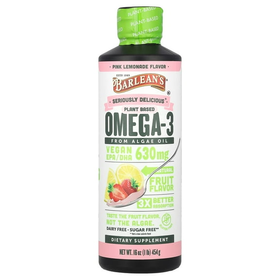 Barlean's Seriously Delicious®, Plant Based Omega-3 From Algae Oil, Pink Lemonade, 630 mg, 16 oz (454 g)