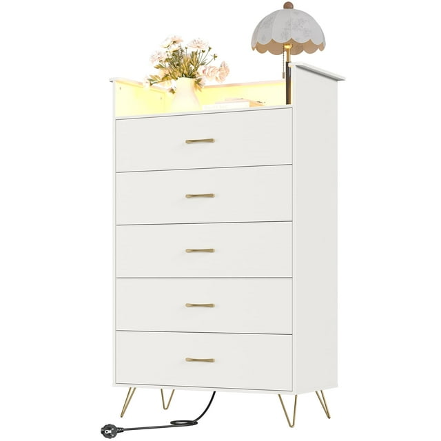 Commode à 5 Tiroirs avec Lumières DEL et Station de Recharge – Haute Commode en Bois Blanche, Éclairage RVB Moderne Contrôlé par Application, Armoire de Rangement pour Chambre, Table de Chevet Étroite, Couleur : Blanc