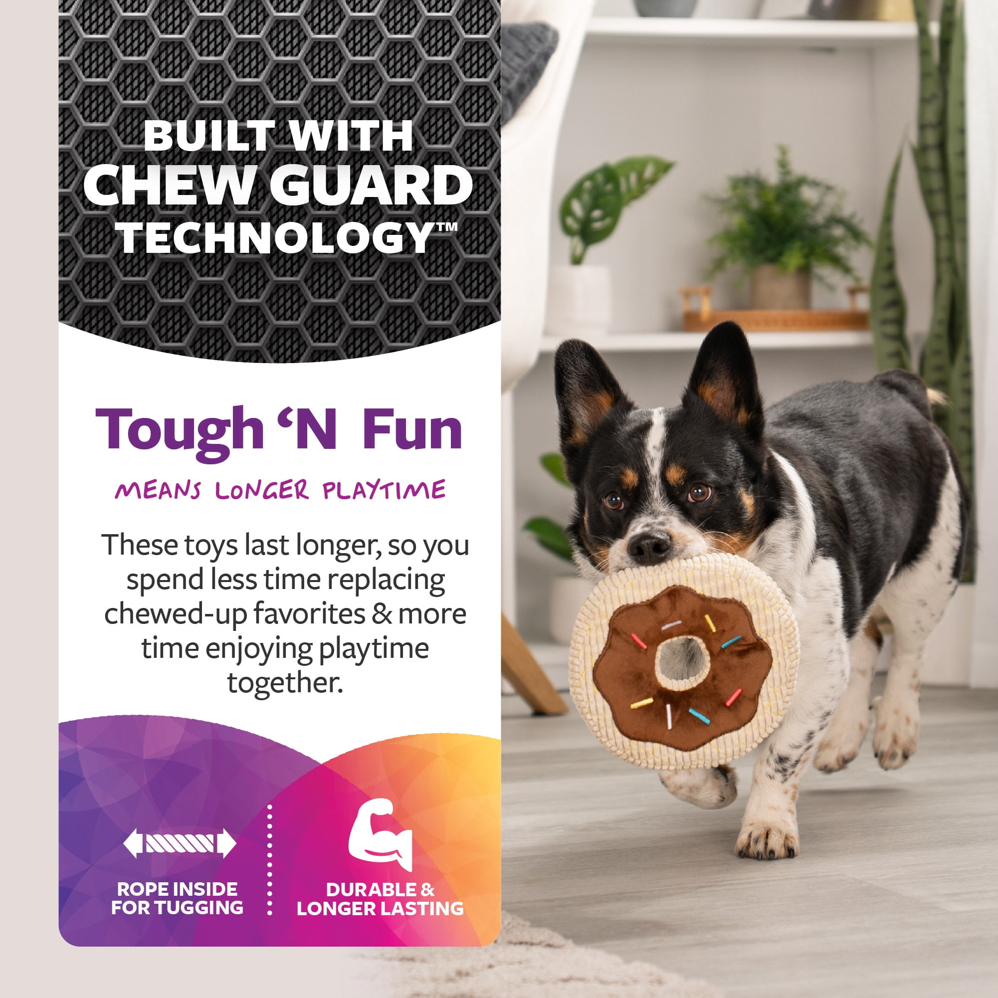 TrustyPup Tough 'N Fun Chocolate Donut Durable Plush Squeaker Dog Toy with Chew Guard Technology, Brown, Large