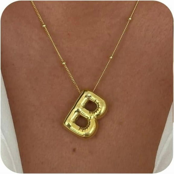 Gold Bubble Letter Necklace For Women, 14K Gold Plated Balloon Initial Letter Pendant Necklace Dainty Charm Initial Necklaces For Women Trendy Chunky Custom Name Necklace Gold Jewelry For Wo[Z1775]
