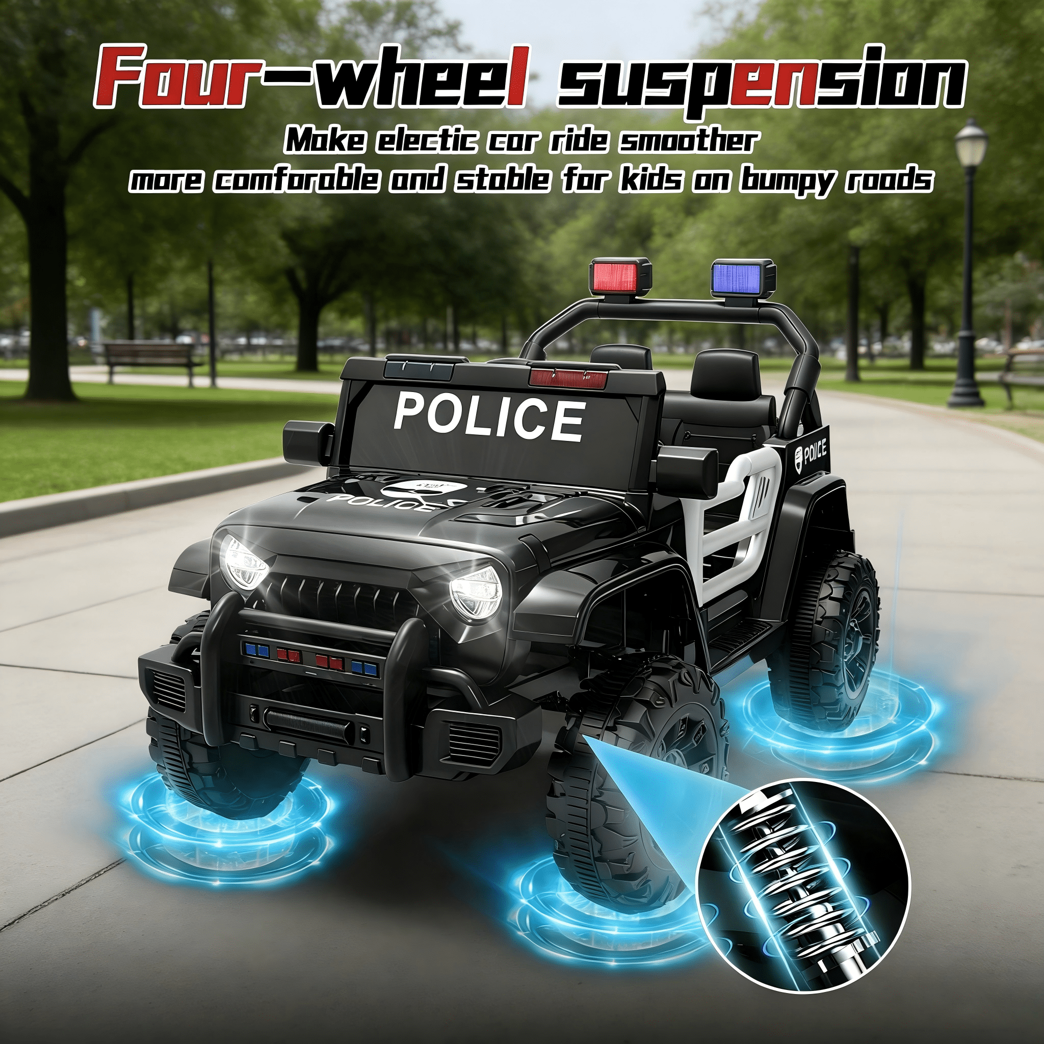 Xuanlur 12V Kids Ride on Car with Remote Control, Ride on Toys w/ Dual Drive, Four-Wheel Suspension, Bluetooth Music, LED Lights, USB, Shock Absorption, Toys Car for Kids Aged, Black Police Car