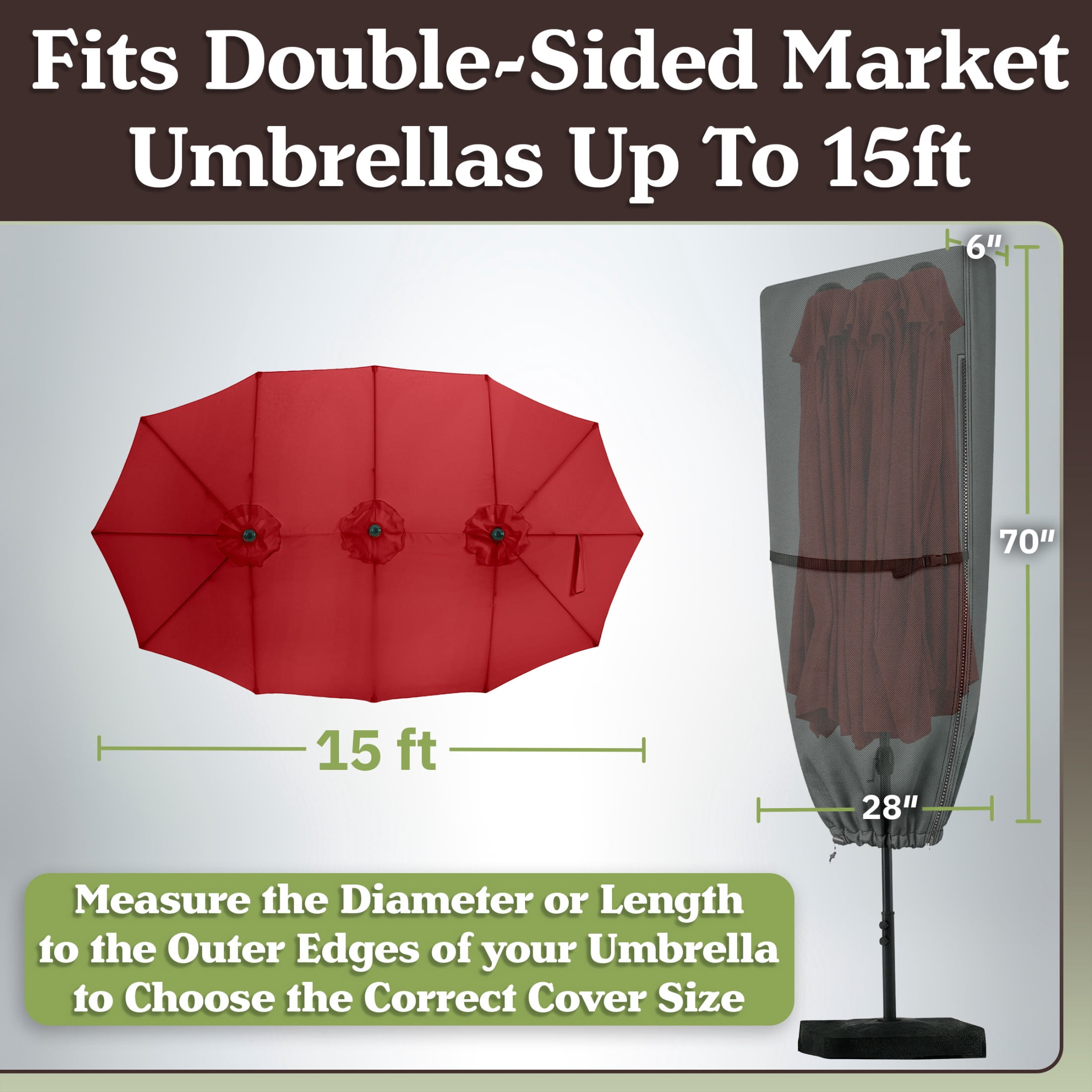 Pure Garden Waterproof Large Umbrella Cover for 15ft Double Sided Outdoor Umbrella, Gray
