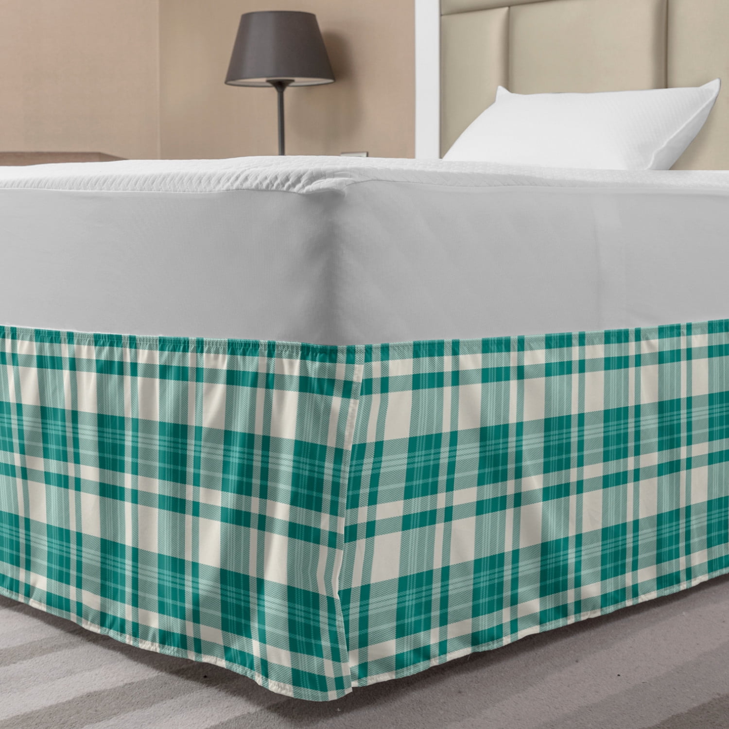Teal Stripe Bed Skirt, Composition of Plaid Inspired Traditional Old