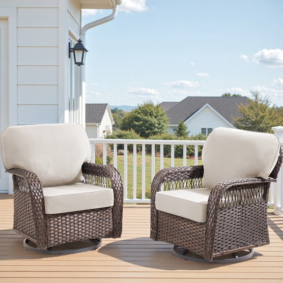 Giantfurnni Patio Wicker Swivel Rocking Chairs Set of 2 Outdoor Rattan Furniture Glider Rockers with 5" Thick Cushions for Porch Balcony Garden, Beige