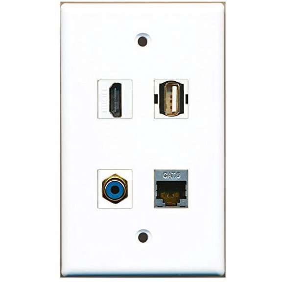 RiteAV - 1 Port HDMI 1 Port RCA Blue 1 Port USB A-A 1 Port Shielded Cat6 Ethernet Wall Plate