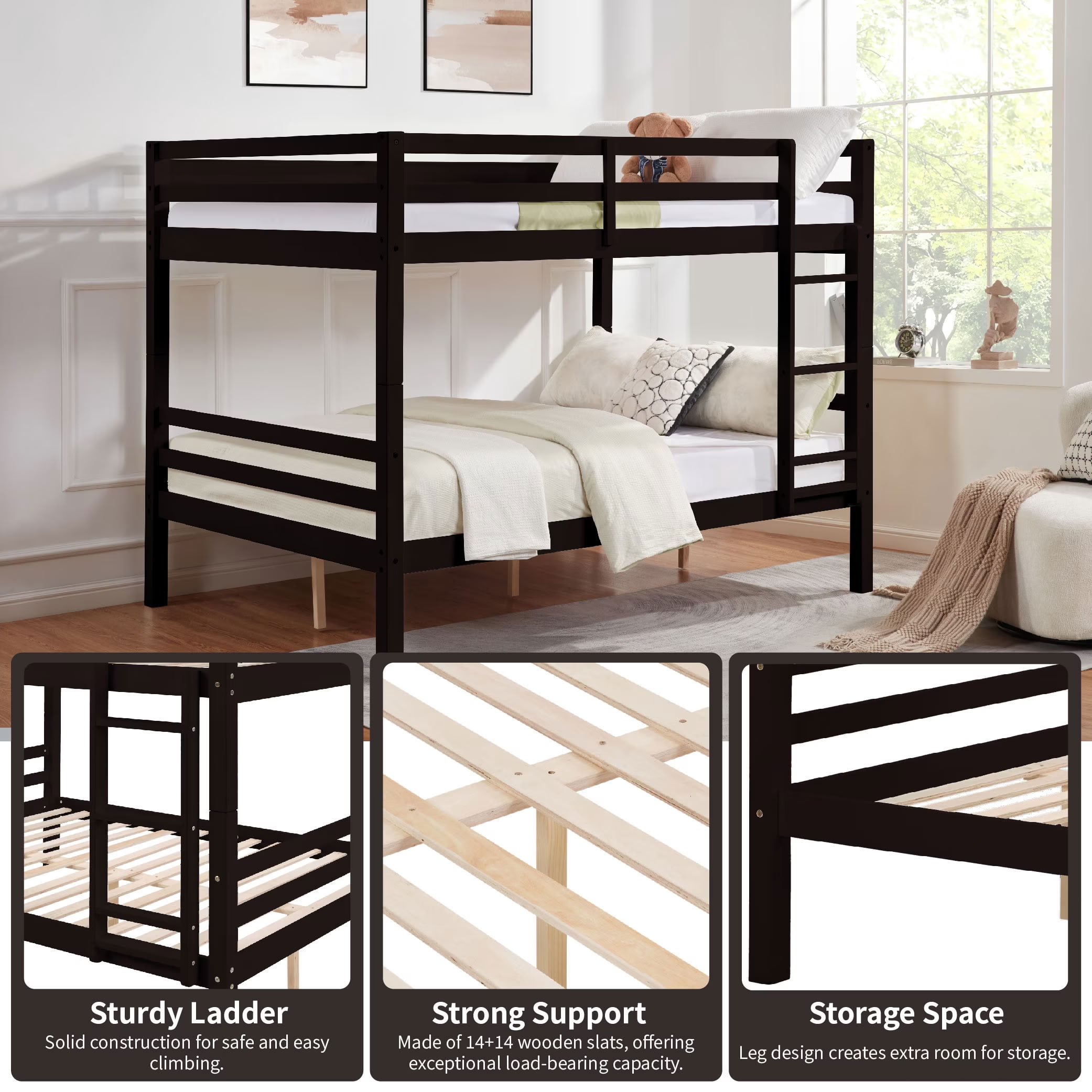 MAYEERTY Full over Full Bunk Bed with Thick Posts, Solid Wood Bed Frame with High Guardrail and Ladder, for Kids Teens Dorm Rooms, No Box Spring Needed