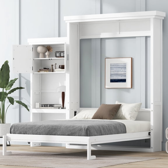 Noble House Rowena Queen Murphy Bed with Storage Shelves and Louvered Door Design, Wall Bed Cabinet, White