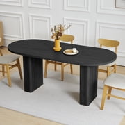 70.8 Inch Dining Table for 4-6 People, Oval Kitchen Table with Wood Strip Base, Modern Farmhouse Large Round Dining Room Tables for Kitchen Living Room (Natural)