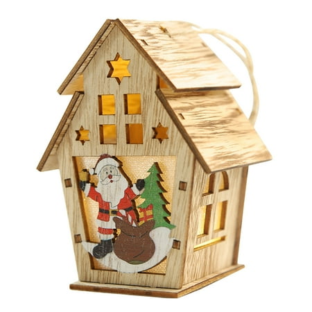 

Christmas Tree Log Cabin Hanging Pendant Wooden Decoration Luminous Cabin Big Double Roof Santa Claus