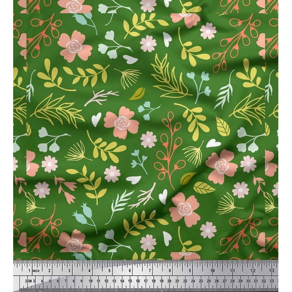Soimoi Green Cotton Duck Fabric Leaf Floral Print Fabric by Yard 42 Inch Wide