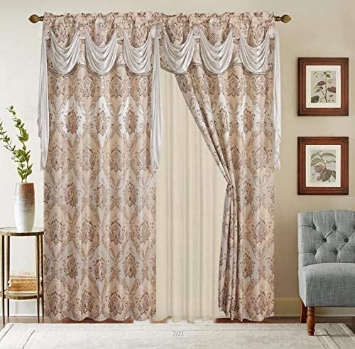 2 Window Curtain Luxury Jacquard Panel with Attached Valance 