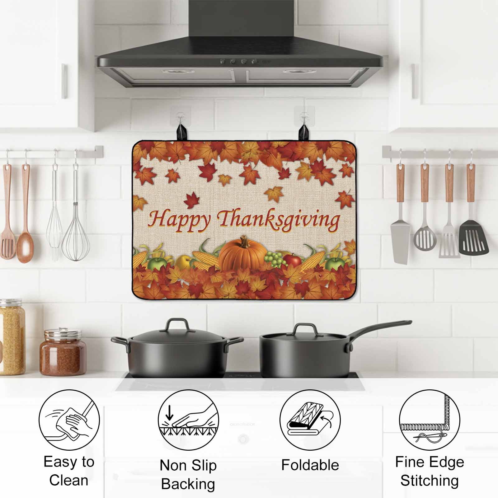 Orange Maple Stove Top Cover for Electric Stove, Heat-proof & Non Slip Glass Top Stove Cover Protector, Thanksgiving Pumpkin Autumn Fruit Vintage Kitchen Flat Cooktop Rubber Mat 24x21 Inches