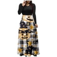 thumbnail image 2 of BaoFuBaoMei Halloween Dresses for Women Plus Size Long Sleeve Crew Neck Halloween Plaid Pumpkin Print Maxi Dress High Waist Patchwork Flowy Dresses for Party, 2 of 4