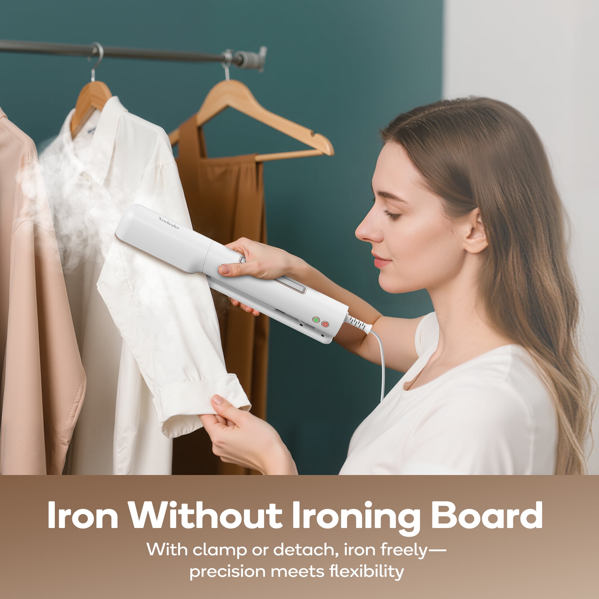 Newbealer Portable Steam Iron & Garment Steamer - 3-in-1 Clamp Style Travel Iron, Dual Voltage, Auto Shut-Off, No Board Needed