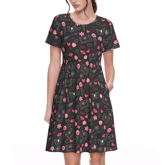 Fotbe Valentine'S Day Vestido Largo de Moda para Mujer, Vestido Tipo Camiseta con Manga Corta y Estilo Casual a Rayas y Bloques de Color