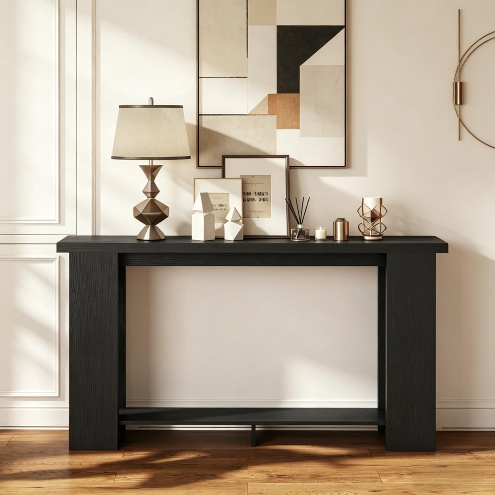 Distressed Brown Narrow Console Table, 63" Long MDF Sofa Table with Open Shelf, Anti-Tip Strap for Living Room/Hallway