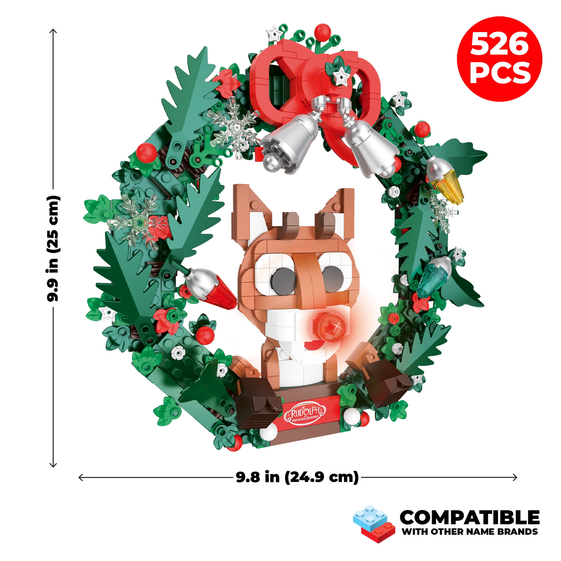 Brickcraft Rudolph the Red-Nosed Reindeer Light-Up Holiday Wreath Building Kit, 526-Piece Christmas Decoration Collectible