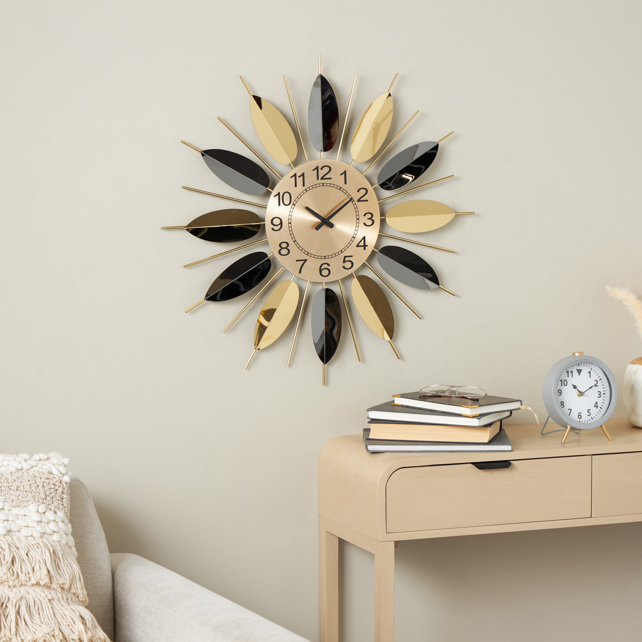 DecMode 26" Gold Stainless Steel Metal Leaf Radial Wall Clock with Black Accents